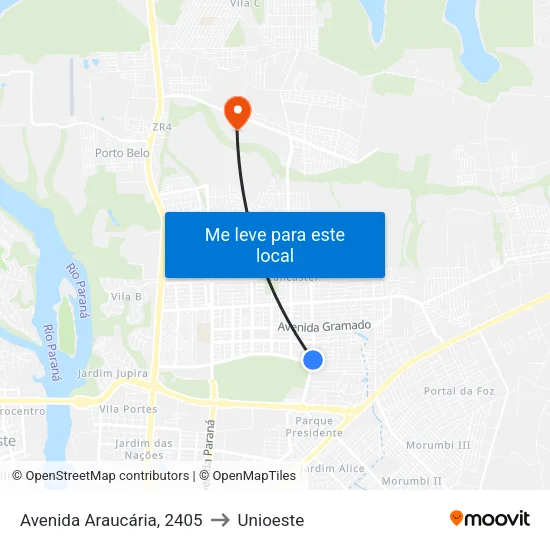 Avenida Araucária, 2405 to Unioeste map