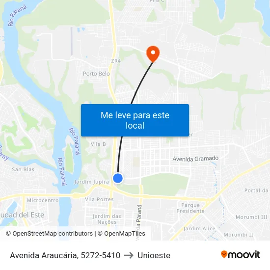 Avenida Araucária, 5272-5410 to Unioeste map