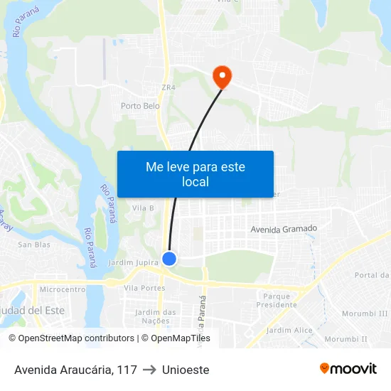 Avenida Araucária, 117 to Unioeste map