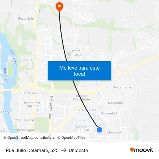 Rua Júlio Delamare, 625 to Unioeste map