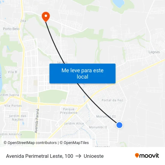 Avenida Perimetral Leste, 100 to Unioeste map