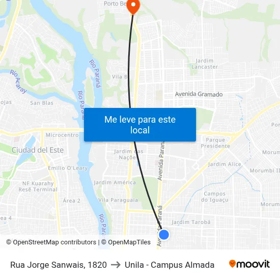Rua Jorge Sanwais, 1820 to Unila - Campus Almada map