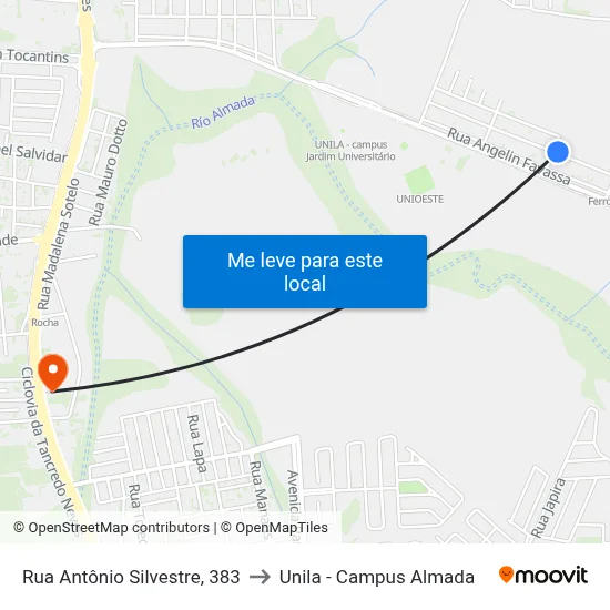 Rua Antônio Silvestre, 383 to Unila - Campus Almada map