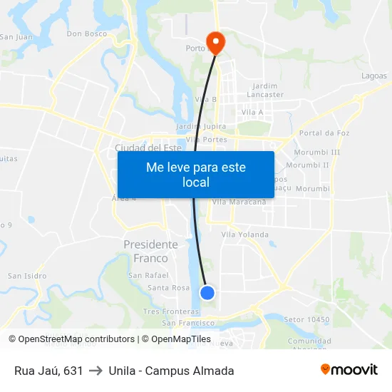 Rua Jaú, 631 to Unila - Campus Almada map