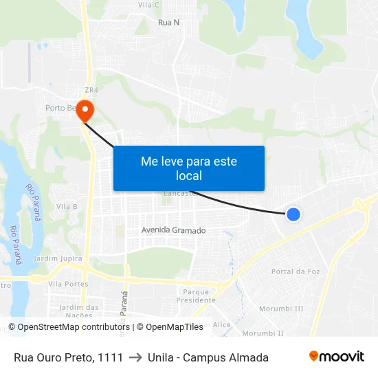 Rua Ouro Preto, 1111 to Unila - Campus Almada map