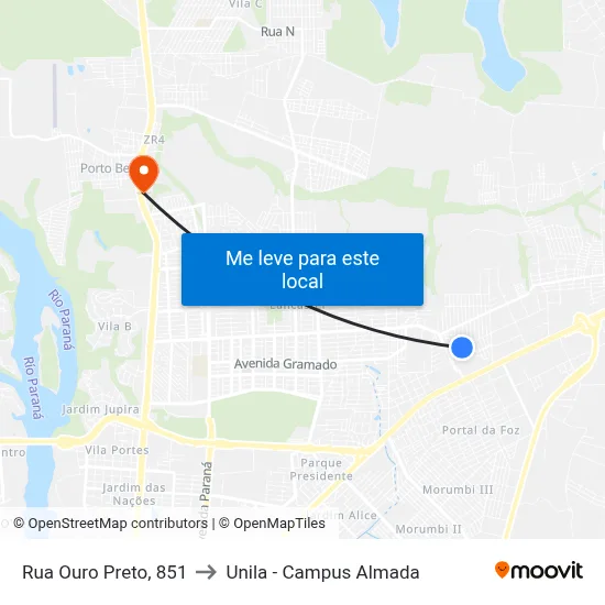 Rua Ouro Preto, 851 to Unila - Campus Almada map