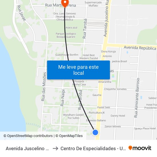 Avenida Juscelino Kubitscheck 19 to Centro De Especialidades - Unimed Foz Do Iguaçu map