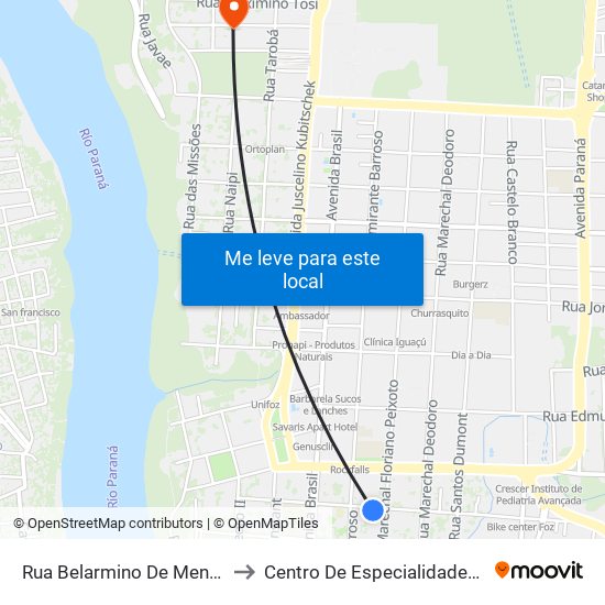 Rua Belarmino De Mendonça, 560 - Patronato to Centro De Especialidades - Unimed Foz Do Iguaçu map