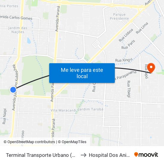 Terminal Transporte Urbano (Ala 01) to Hospital Dos Animais map