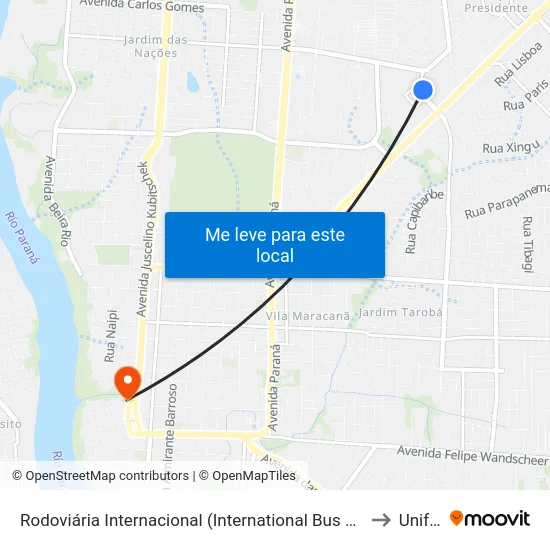 Rodoviária Internacional (International Bus Station) to Unifoz map