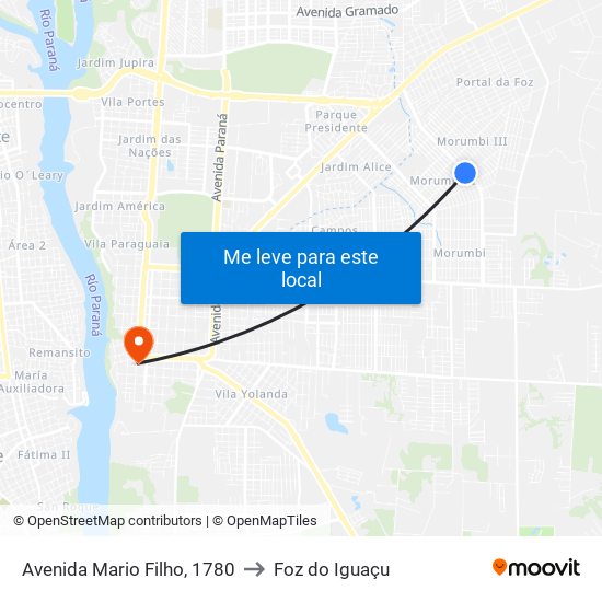 Avenida Mario Filho, 1780 to Foz do Iguaçu map
