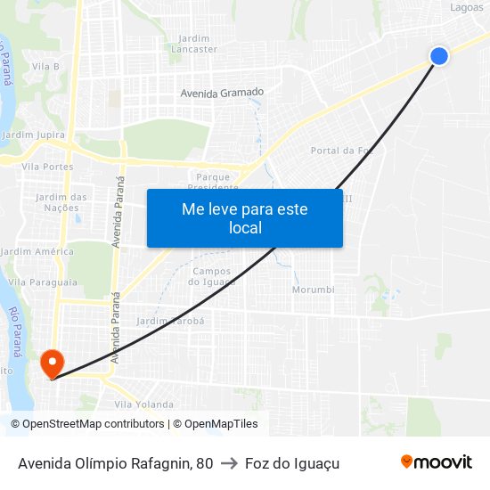 Avenida Olímpio Rafagnin, 80 to Foz do Iguaçu map