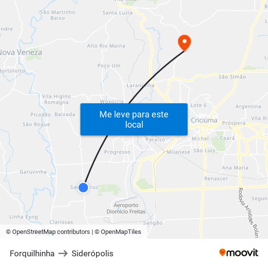 Forquilhinha to Siderópolis map