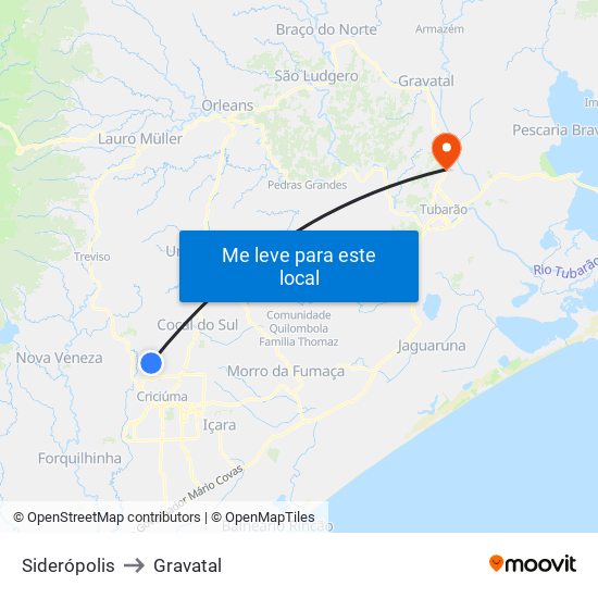 Siderópolis to Gravatal map