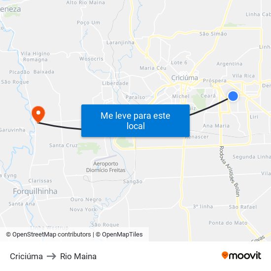 Criciúma to Rio Maina map