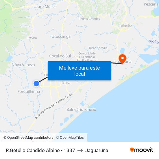 R.Getúlio Cândido Albino - 1337 to Jaguaruna map