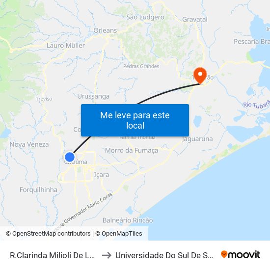 R.Clarinda Milioli De Lucca - 1190 to Universidade Do Sul De Santa Catarina map