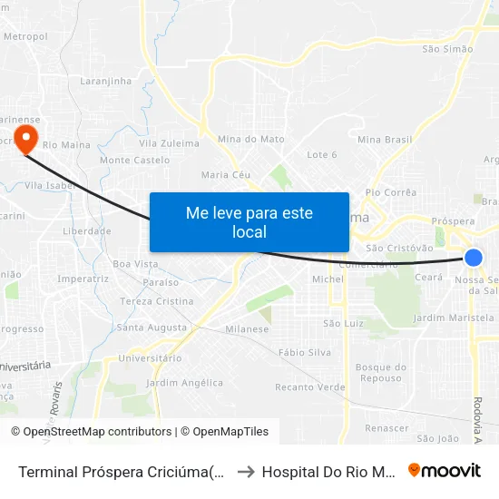 Terminal Próspera Criciúma(Tpro) to Hospital Do Rio Maina map