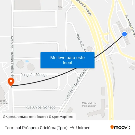 Terminal Próspera Criciúma(Tpro) to Unimed map