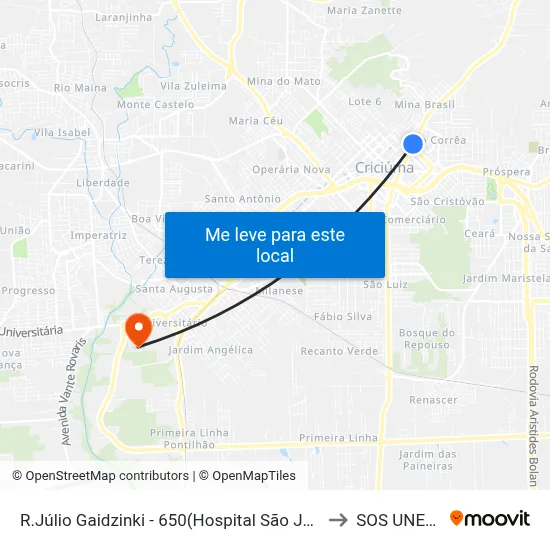 R.Júlio Gaidzinki - 650(Hospital São José) to SOS UNESC map