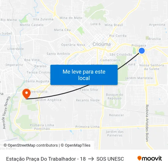 Estação Praça Do Trabalhador - 18 to SOS UNESC map