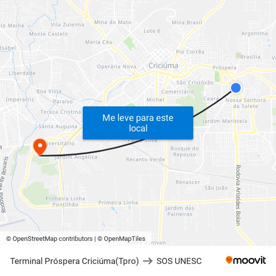 Terminal Próspera Criciúma(Tpro) to SOS UNESC map