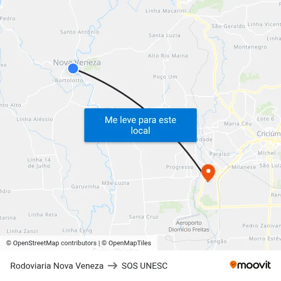 Rodoviaria Nova Veneza to SOS UNESC map