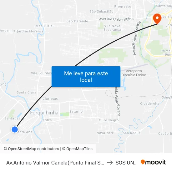 Av.Antônio Valmor Canela(Ponto Final Santa Isabel) to SOS UNESC map