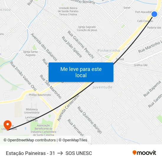 Estação Paineiras - 31 to SOS UNESC map