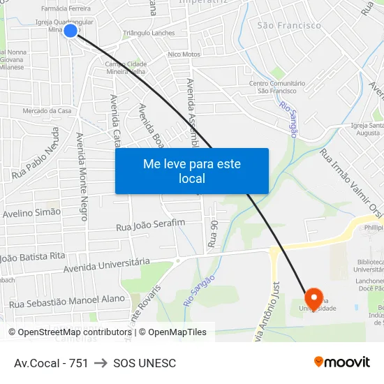 Av.Cocal - 751 to SOS UNESC map