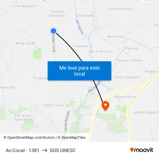 Av.Cocal - 1381 to SOS UNESC map