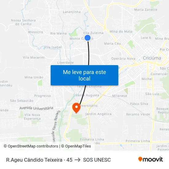R.Ageu Cândido Teixeira - 45 to SOS UNESC map