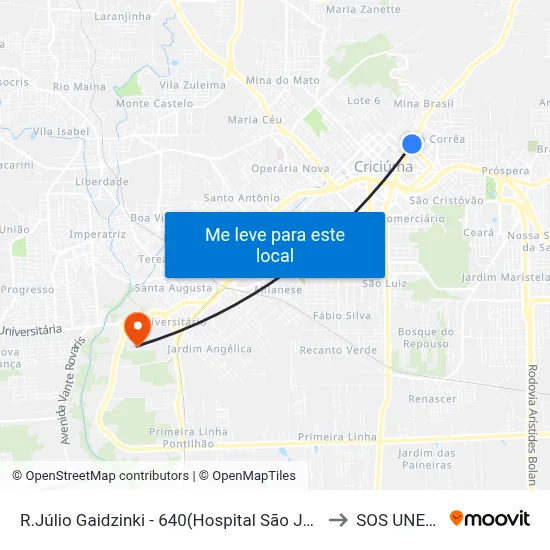 R.Júlio Gaidzinki - 640(Hospital São José) to SOS UNESC map