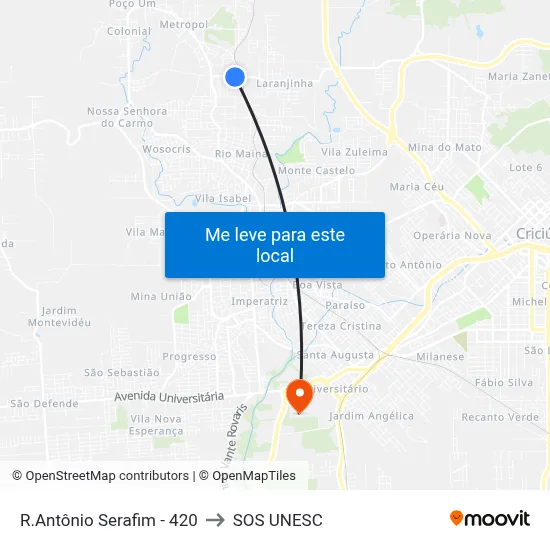 R.Antônio Serafim - 420 to SOS UNESC map
