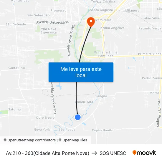 Av.210 - 360(Cidade Alta Ponte Nova) to SOS UNESC map