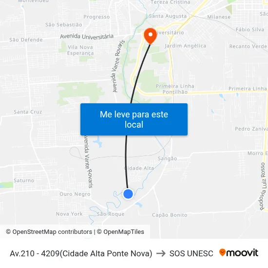 Av.210 - 4209(Cidade Alta Ponte Nova) to SOS UNESC map