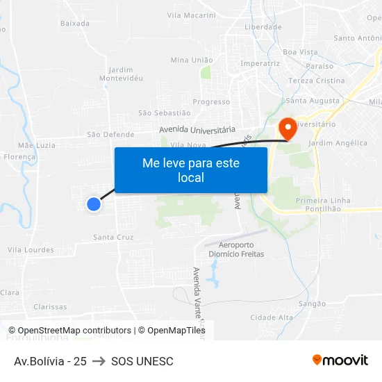 Av.Bolívia - 25 to SOS UNESC map