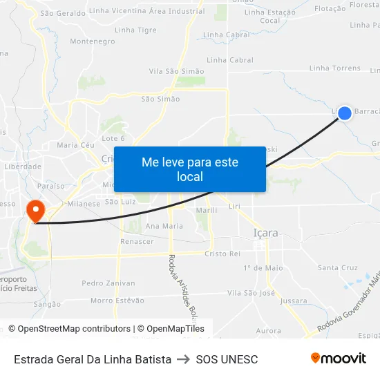 Estrada Geral Da Linha Batista to SOS UNESC map