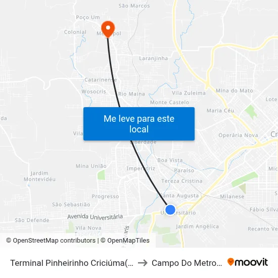 Terminal Pinheirinho Criciúma(Tpi) to Campo Do Metropol map