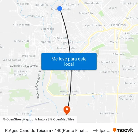 R.Ageu Cândido Teixeira - 440(Ponto Final Monte Castelo) to Iparque map
