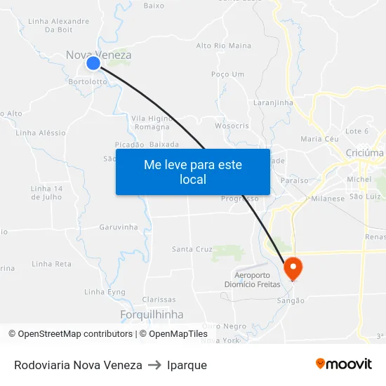 Rodoviaria Nova Veneza to Iparque map