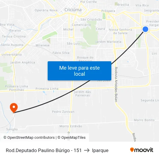 Rod.Deputado Paulino Búrigo - 151 to Iparque map