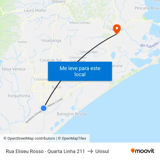 Rua Eliseu Rosso - Quarta Linha 211 to Unisul map