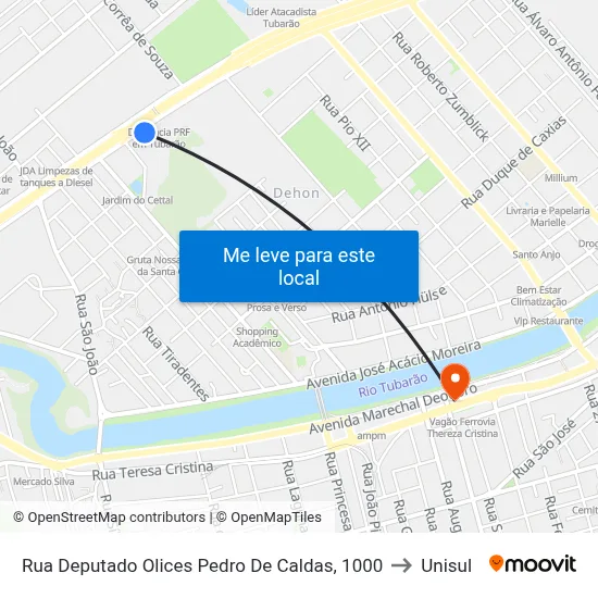 Rua Deputado Olices Pedro De Caldas, 1000 to Unisul map