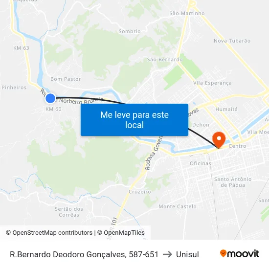 R.Bernardo Deodoro Gonçalves, 587-651 to Unisul map