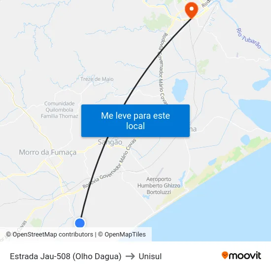 Estrada Jau-508 (Olho Dagua) to Unisul map