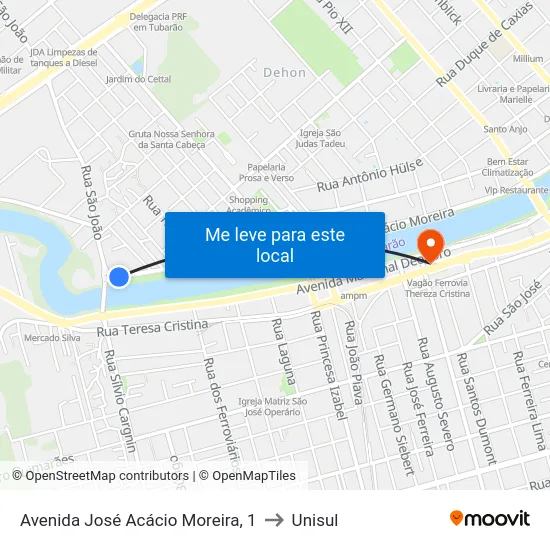 Avenida José Acácio Moreira, 1 to Unisul map