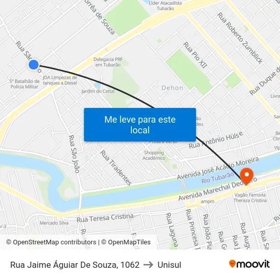 Rua Jaime Águiar De Souza, 1062 to Unisul map