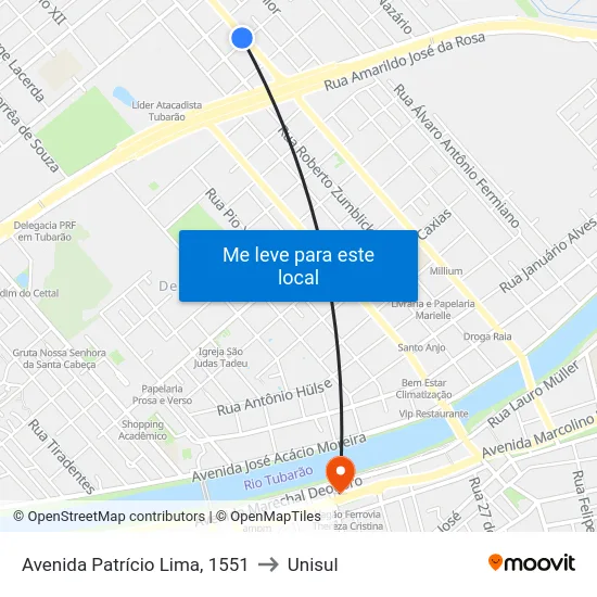 Avenida Patrício Lima, 1551 to Unisul map