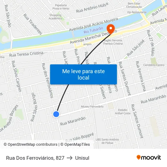 Rua Dos Ferroviários, 827 to Unisul map